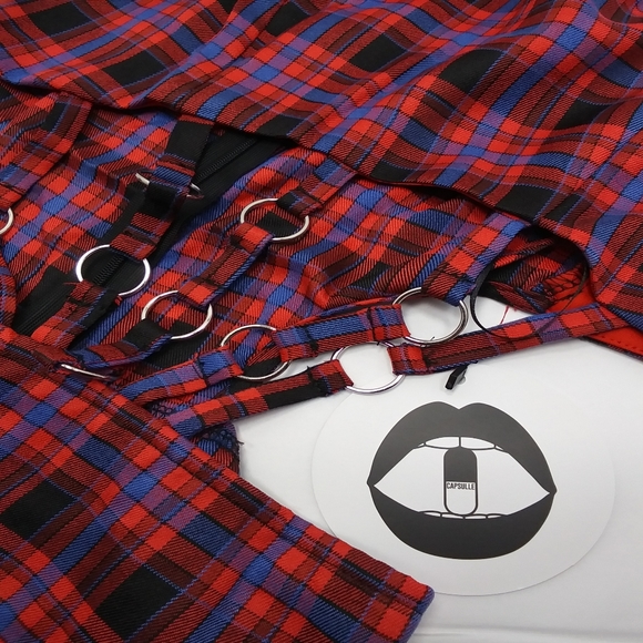 DOLLS KILL Silky Lined Red Plaid Bodysuit w Straps & O-Rings NWT Sz S - Picture 7 of 16
